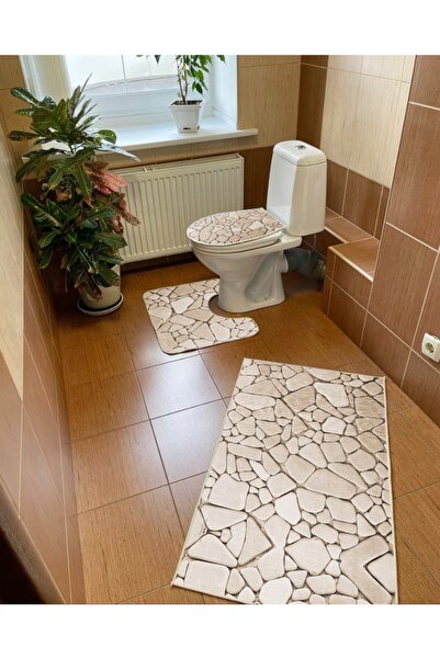Modern home Taş Desenli 3'lü Set Banyo Paspası, Klozet Takımı Kaymaz Taban Di...