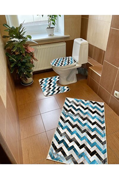Modern home Zigzag Design Set of 3 Bath Mat, Toilet Set Non-Slip Base Digital...