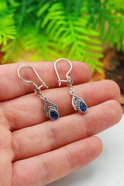 Midyat Nurtaş Gümüş Safir Taşlı Damla Model Telkari Gümüş Küpe