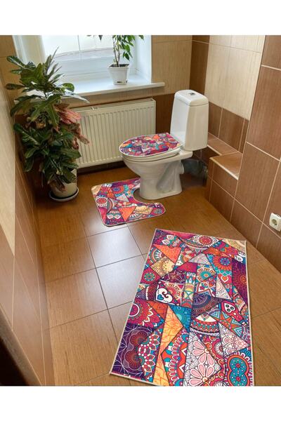 Modern home Renkli Etnik 3'lü Set Banyo Paspası, Klozet Takımı Kaymaz Taban D...