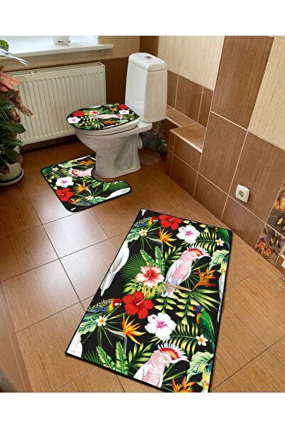 Modern home Flower Bird Themed 3-Piece Bath Mat, Toilet Seat Set Non-Slip Bas...