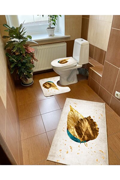 Modern home Gold Leaf Detail 3-Piece Bath Mat, Toilet Seat Set Non-Slip Base ...