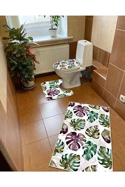 Modern home Colorful Leaf Patterned 3-Piece Bath Mat, Toilet Seat Set Non-Sli...