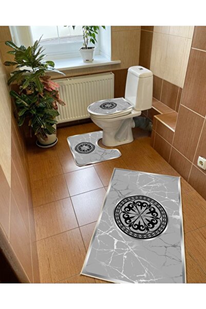 Modern home Motif Design Gray 3-Piece Bath Mat, Toilet Seat Set Non-Slip Base...