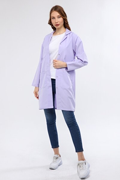 Çamdalı İş Elbiseleri Lila Alpaka Kadın Iş Önlük - Lila Kadın Iş Önlüğü Çıt Çıtlı 2 Cepli Arkası Kuşaklı Ceket Yakalı