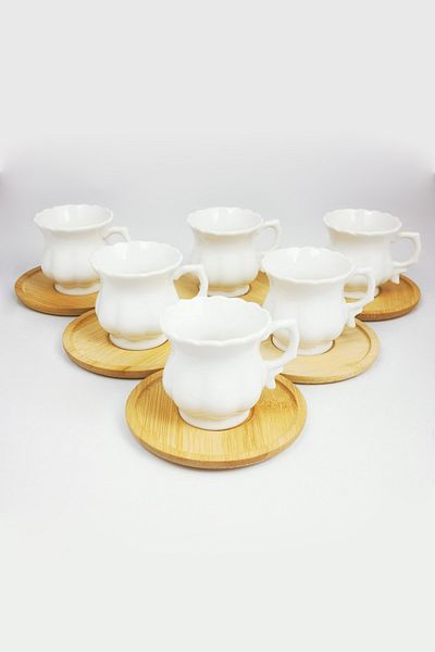 Tiesa Home Set of 6 Porcelain Turkish Coffee Cups with Bamboo Saucers