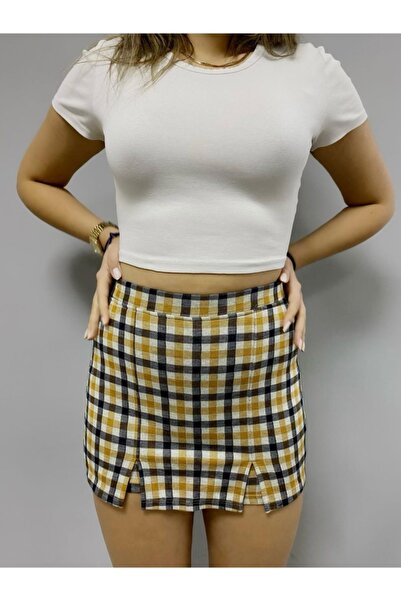 MaSoMi Kadın Çift Yırtmaçlı Ekose Şort Etek