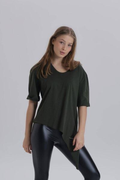 DAVID&GERENZO Khaki Women's Eiffel Print Detail Asymmetric Cut T-shirt