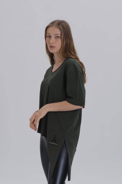 DAVID&GERENZO Khaki Women's Eiffel Print Detail Asymmetric Cut T-shirt