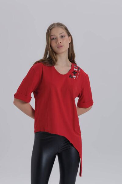 DAVID&GERENZO Red Women's Paris Print Detail Asymmetric Cut T-shirt