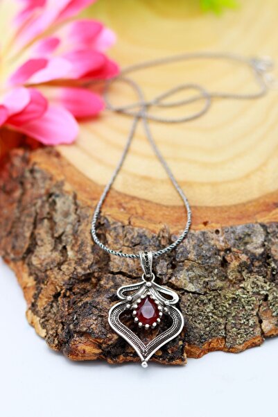 Midyat Nurtaş Gümüş Yakut Taşlı Damla Model Telkari Gümüş Kolye 201020478