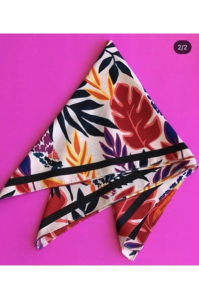 NFS BUTİK Vibrant Warm Flower Parrot Pattern Silk Satin Scarf