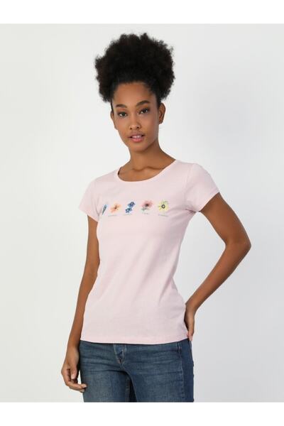 Colin's Slim Fit Bisiklet Yaka Çiçek Baskılı Pembe Kadın Kısa Kol Tişört