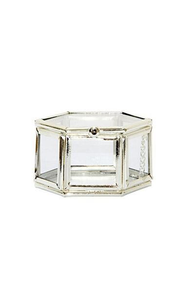 ÇerçiDede Glass Metal Hexagonal Framed Presentation Box with Lid Chocolate Candy and Jewelry Box 8x8 Cm Silver