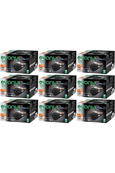 Evony 3 Katlı Filtreli Burun Telli Cerrahi Maske 450 Li Set Siyah/black (yumu...