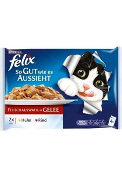 FELIX Tavuklu Ve Sığır Etli Yetişkin Yaş Kedi Maması 100 Gr (4'lü Paket)