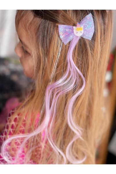 QUEEN AKSESUAR Unicorn Pullu Fiyonk Saçlı Postiş Pensli Çocuk Tokası Takma Sa...