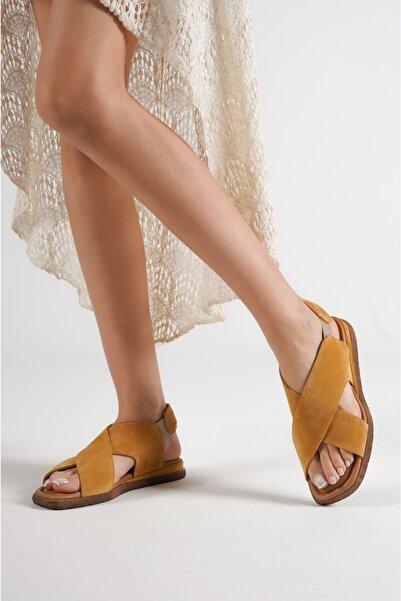 PASSAGE SHOES 6101 Гірчичний справжній замшевий шкіряний жіночий сандалій