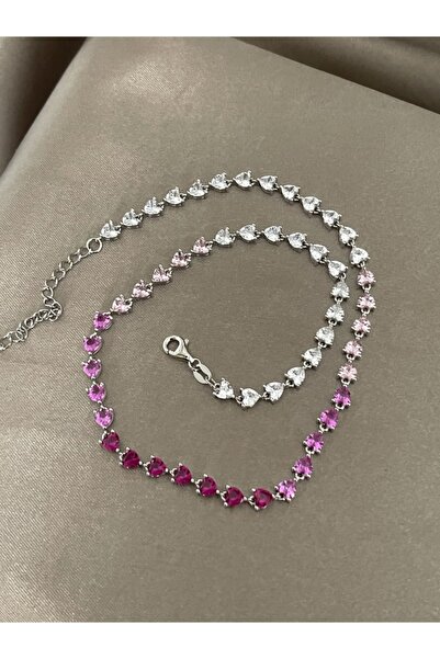denizden silver Kalp Taşlı Su Yolu Gümüş Kolye - (38+5 Cm)