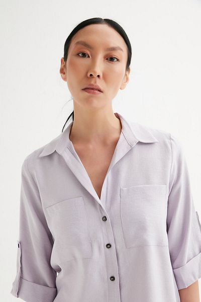 Açelya Okcu Women's Purple Oversize Three-Quarter Sleeve Pocket Shirt
