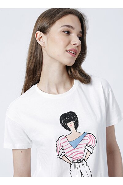 Fabrika Bisiklet Yaka Basic Baskılı Beyaz Kadın T-shirt - Walt