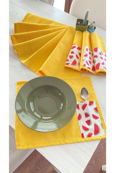 White Alamode Yellow Color Runner and Watermelon Pattern Pocket Placemat Set