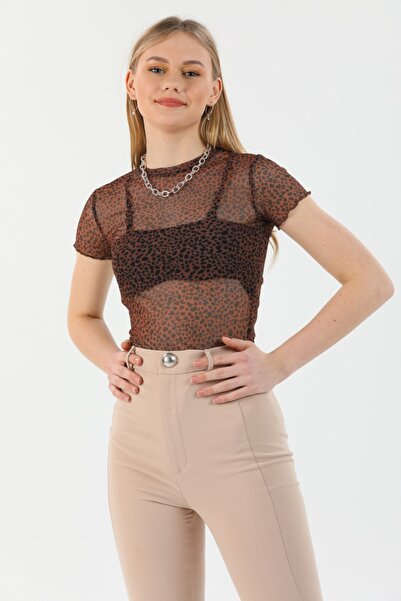 Bukamiss Γυναικεία μπλούζα με κοντό μανίκι με λεοπάρ μοτίβο από τούλι