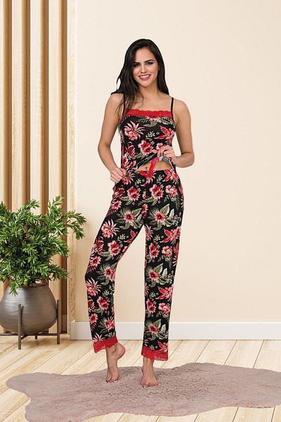 MyBen Women's Floral Patterned Cotton Lycra Black Strap Lace Detailed Pajama Set 28454