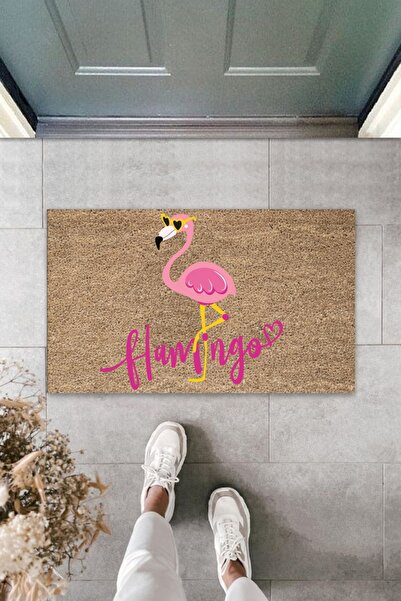Silkcoat Home Çok Amaçlı Dijital Pembe Flamingo Bej Kapı Paspası Dış Mekan Pa...