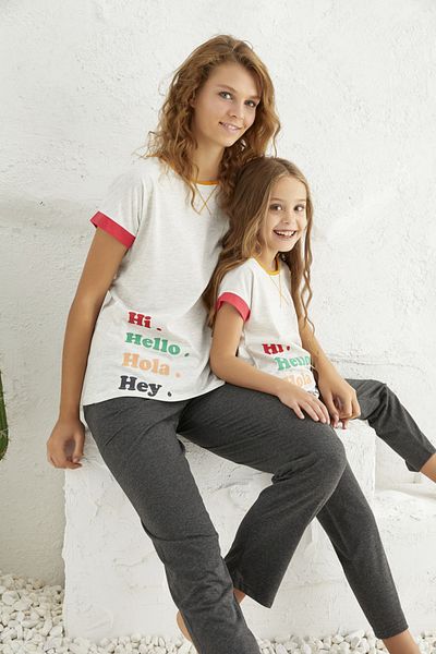 Siyah İnci Gray Short Sleeve Lycra Pajama Set