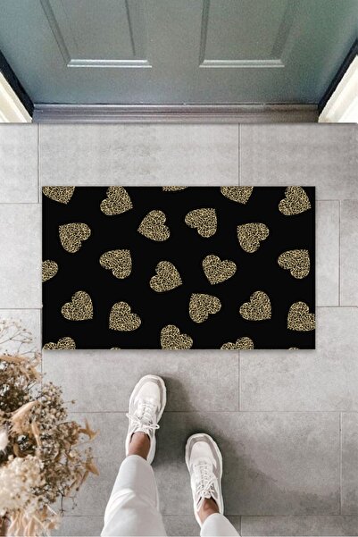 Silkcoat Home Iç Ve Dış Mekan Siyah Kapı Önü Paspası Leopar Kalp Desen Paspas