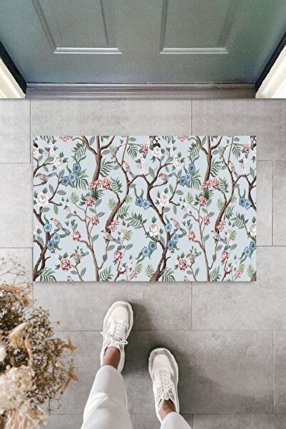 Silkcoat Home Çok Amaçlı Dijital Daldaki Kuşlar Mavi Kapı Paspası Dış Mekan P...