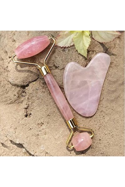 alpi taş Doğal Taş Pembe Kuvars Face Roller Ve Pembe Kuvars Kalp Gua Sha Yüz ...