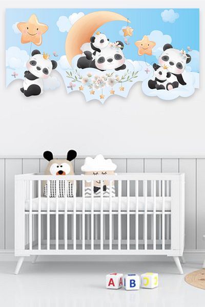 HÜMAY Autocolant de perete pentru camera copiilor Blue Sleepy Pandas - 100x50 cm