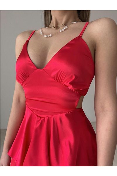 Afiş Butik Red Low-Cut Satin Shorts Jumpsuit