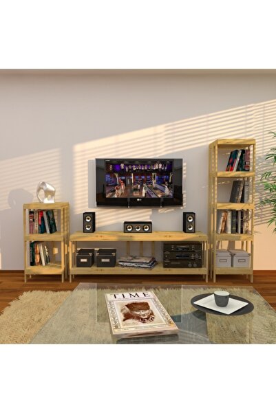Fokai Wood Midia - Açık Ahşap Medya Ünitesi Ve Kitaplık
