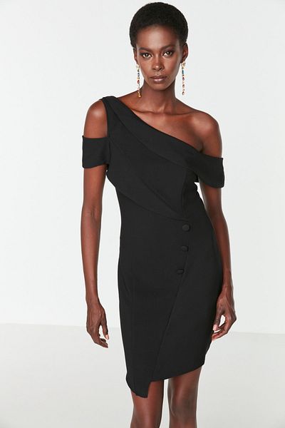 Trendyol Collection Gewebtes kurzes Kleid - Schwarz mit Kragendetail TPRSS21EL2031