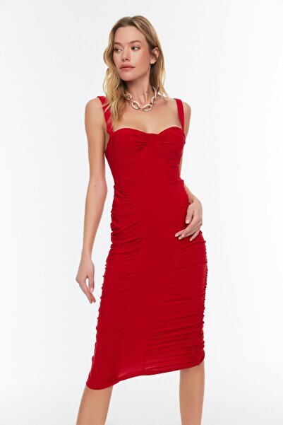 Trendyol Collection Red Drape részletesen kötött elegáns estélyi ruha TPRSS22EL2687
