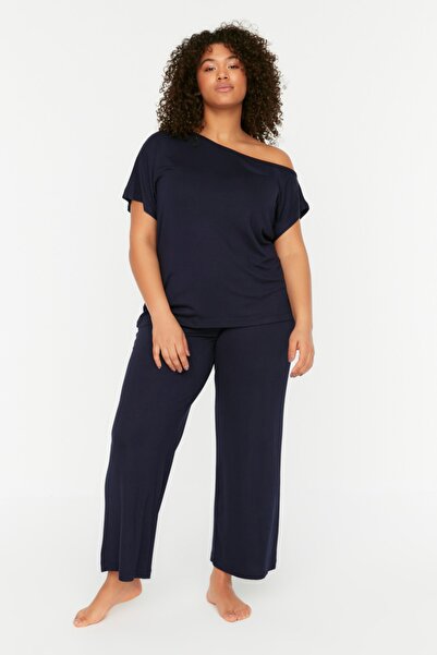 Trendyol Curve Plus Size Pajama Set - Navy blue - Plain