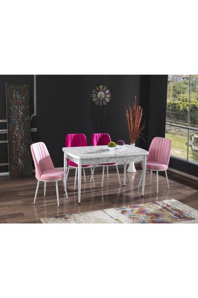 MYMASSA Lüks Carrara Masa - 4 Gold Sandalye - Metal Beyaz Ayak - Masa Takımı ...