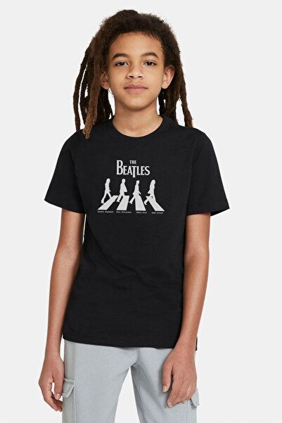 QIVI Tricou negru unisex cu sigla Beatles Abbey Road imprimat cu muzică