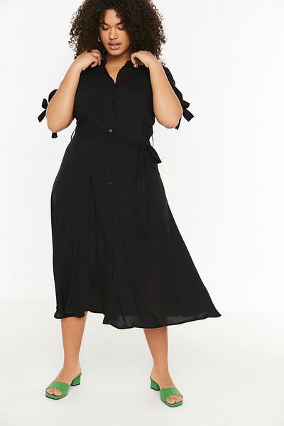 Trendyol Curve Black Belted Woven Buttoned Dress TBBSS22EL1603