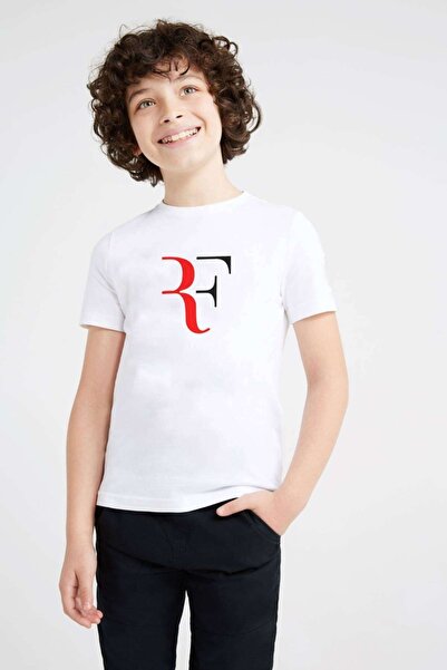 QIVI Tricou alb unisex pentru copii cu imprimeu Roger Federer Rf