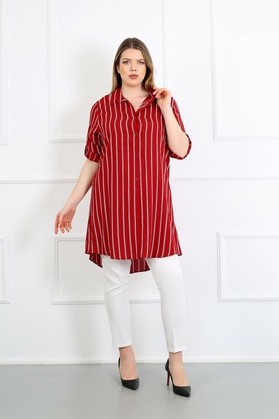 By Alba Collection Women's Burgundy Double Striped Cotton Viscose Large Size Tunic
