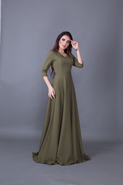 Bidoluelbise Kadın Haki Maxi Boy V Yaka Elbise
