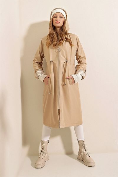 Bigdart Beigefarbener Damen-Trenchcoat mit geraffter Taille und Kapuze 4439091