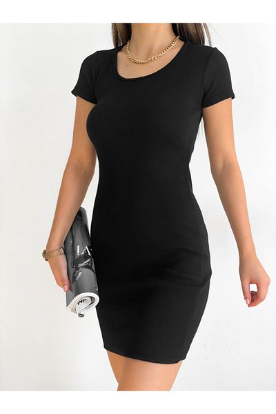 ladyzey Women's Crew Neck Short Sleeve Camisole Mini Black Dress