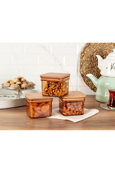 Madame Coco Kaviera Storage Container with Wooden Lid 3-Piece - Amber - 500 ml