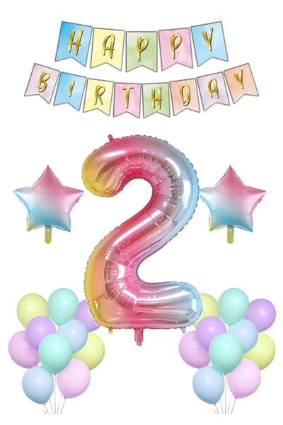 Patladı Gitti Rainbow Concept 2 Year Old Birthday Party Celebration Set; Number and Star Foil, Banner and Macaron Honey