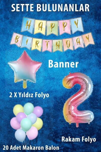 Patladı Gitti Rainbow Concept 2 Year Old Birthday Party Celebration Set; Number and Star Foil, Banner and Macaron Honey